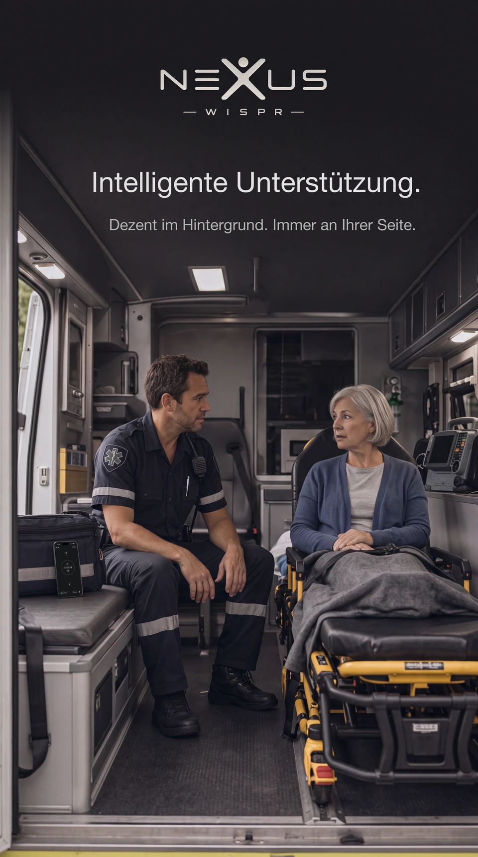Ein Sanitäter spricht im Rettungswagen mit einer Patientin; Nexus Wispr steht in der Nähe.