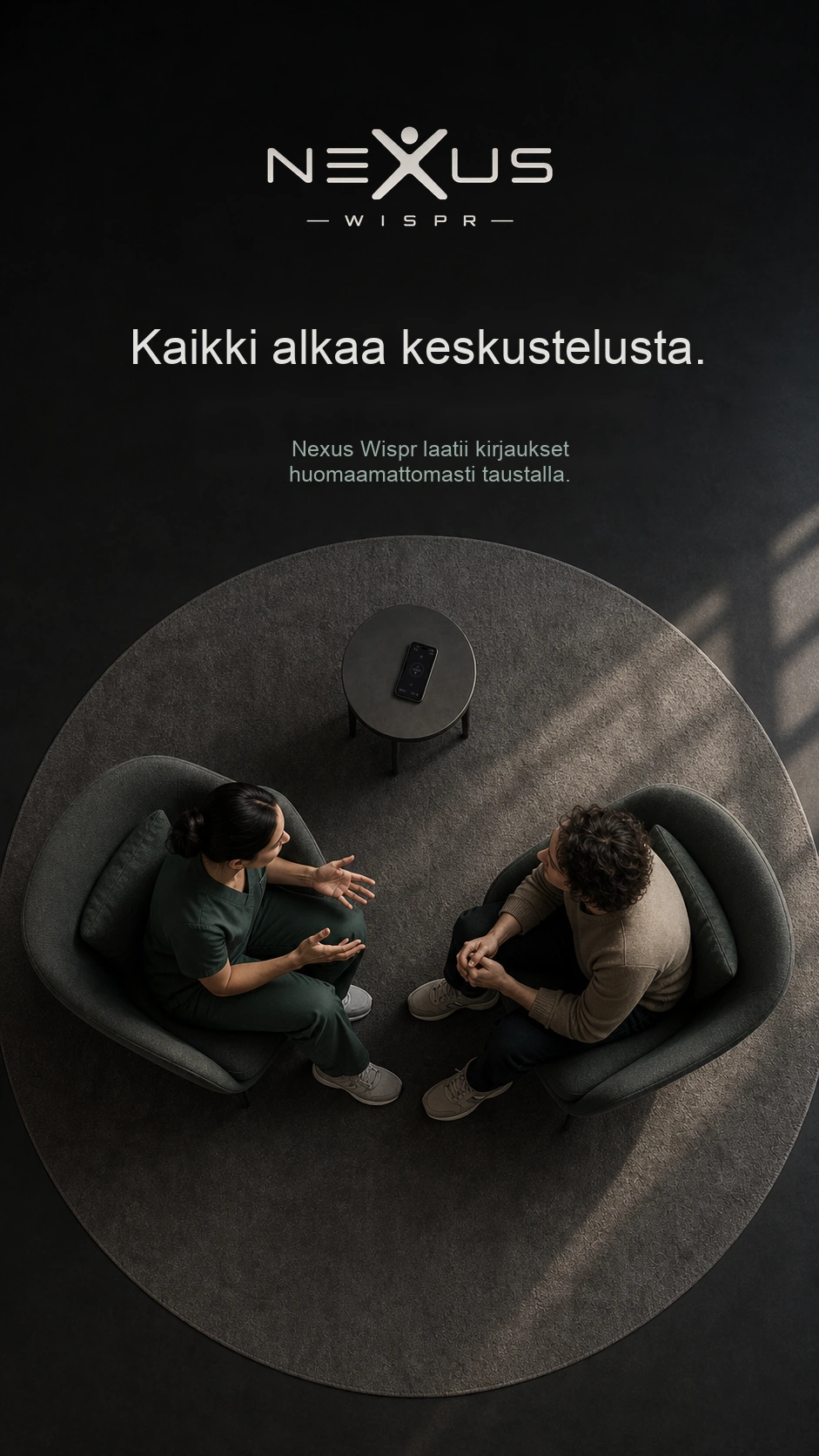 Vastaanottokeskustelu ylhäältä nähtynä ja tallentava puhelin pienellä pöydällä.