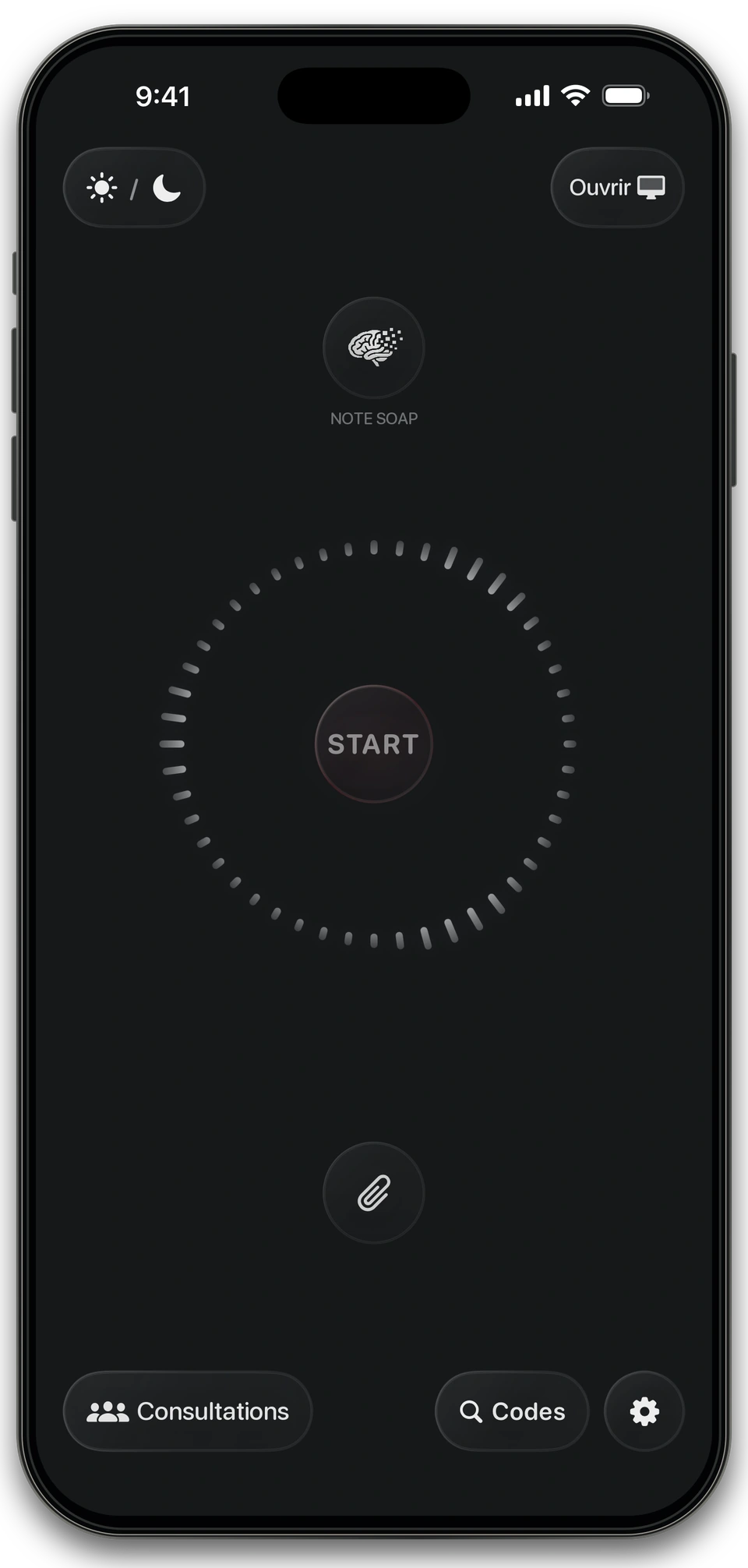 L’écran principal de Nexus Wispr avec le bouton START et son anneau d’enregistrement au repos.