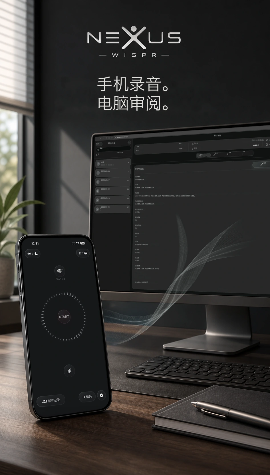运行 Nexus Wispr 的手机旁，电脑显示结构化临床记录。