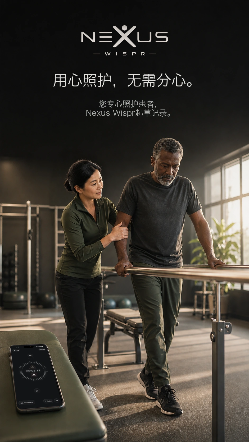 物理治疗师在双杠旁扶助患者，附近的手机正在录音。
